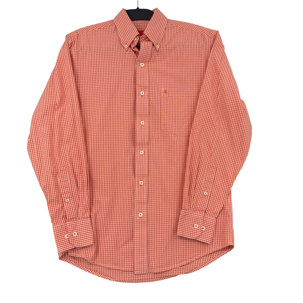 IZOD Mens Orange Gingham Check Long Sleeve Button Down Shirt Small 100% Cotton